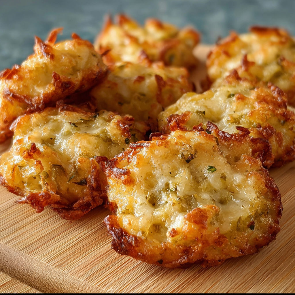 Crispy pickle cheese bites on a wooden board.