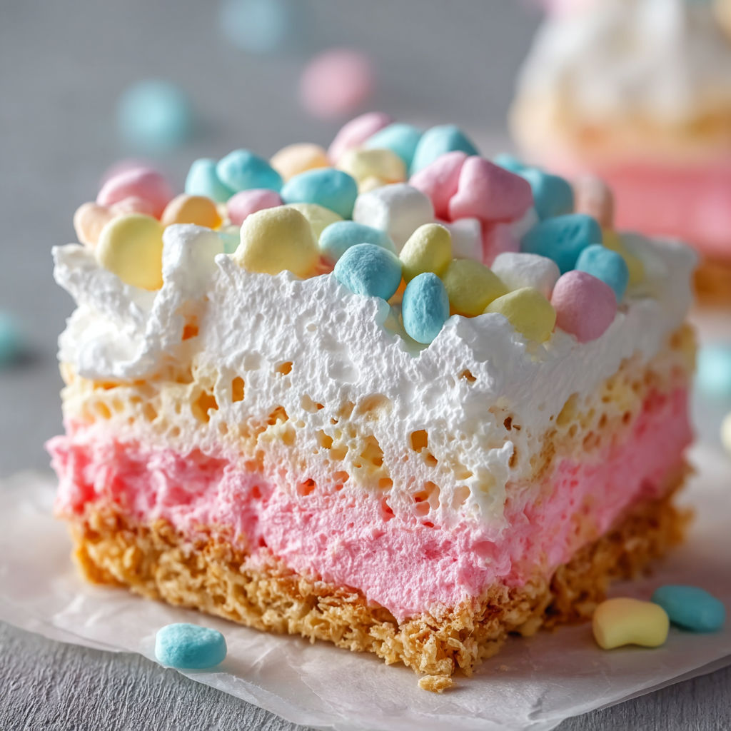 A slice of dessert with pink and white frosting and sprinkles.