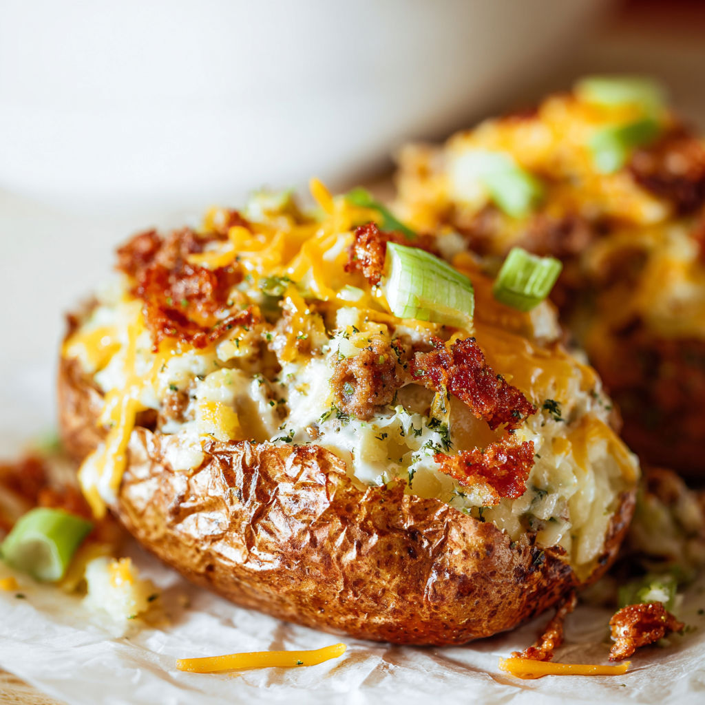 A close up of a baked potato with cheese and bacon.