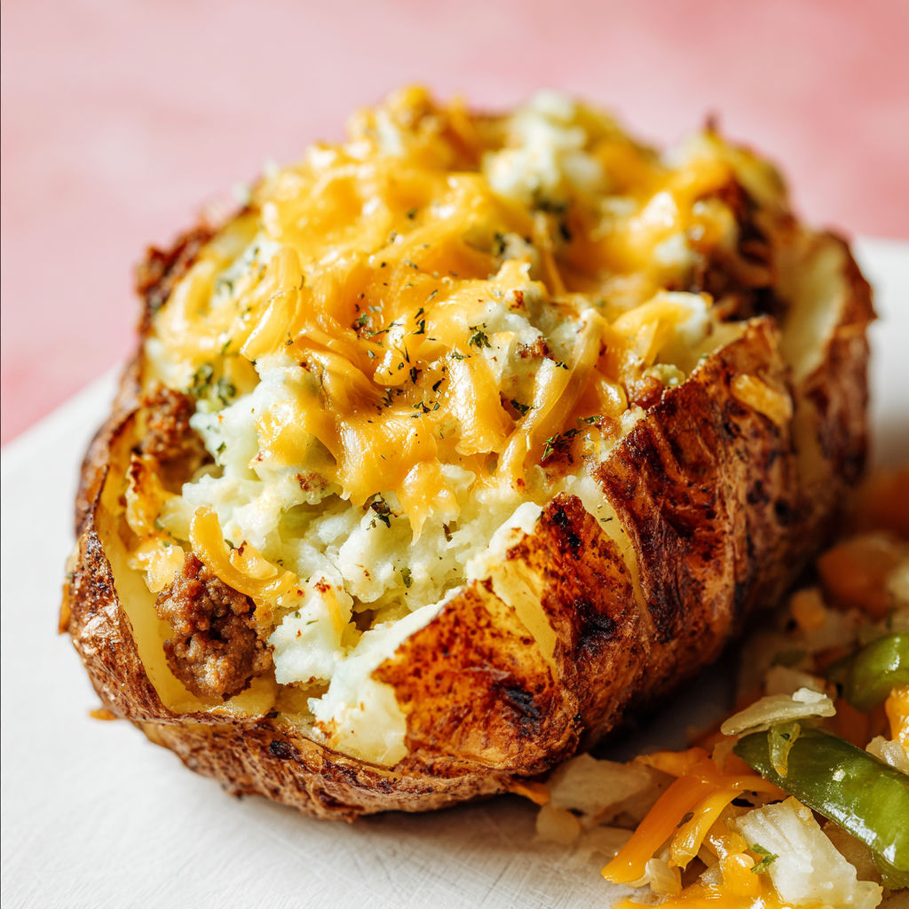 A baked potato with cheese and chives.