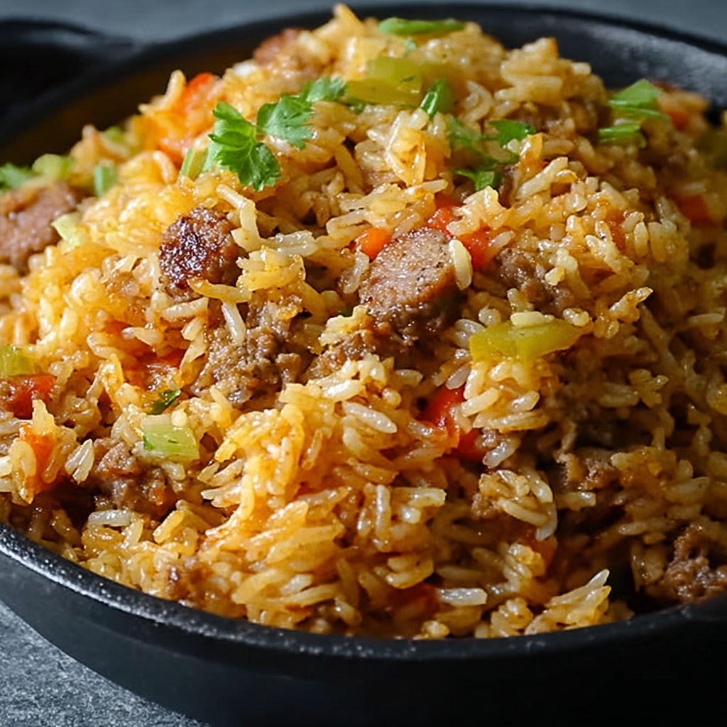 A bowl of rice with meat and vegetables.