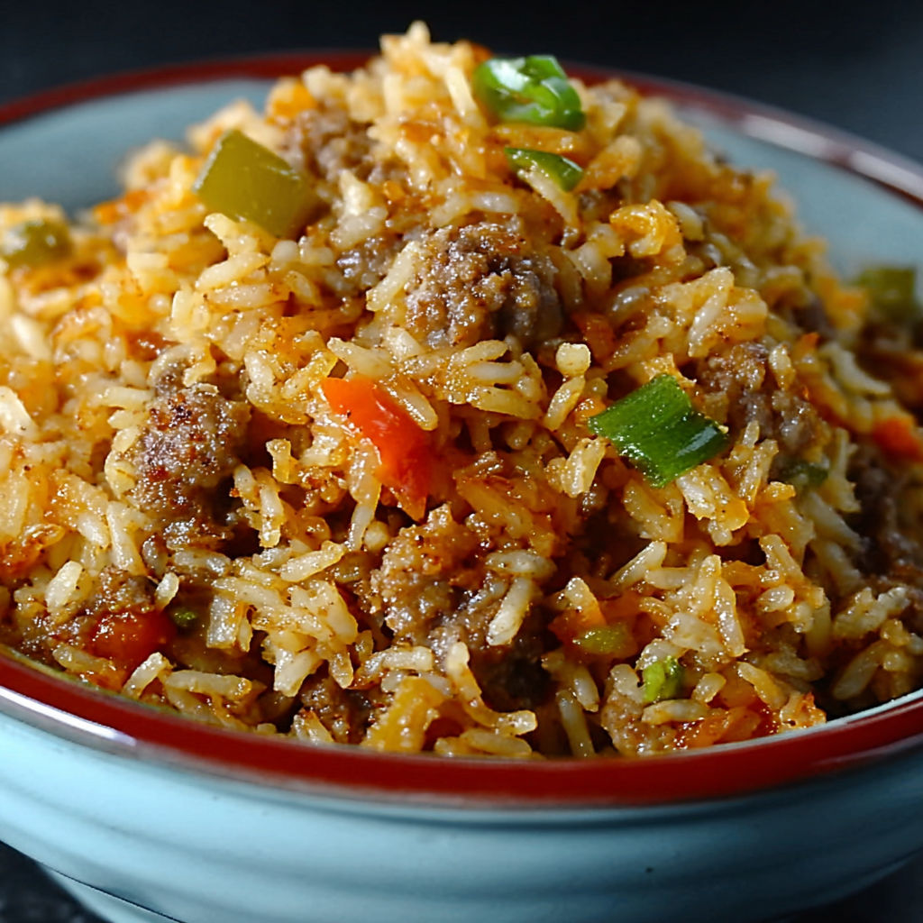 A bowl of rice with meat and vegetables.