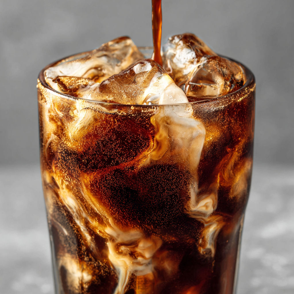 A glass of Campfire Cola Dirty Soda.