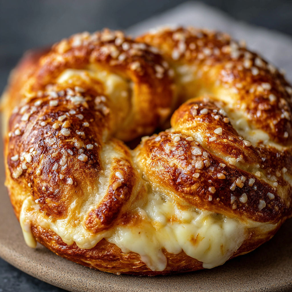 A cheese stuffed pretzel on a plate.