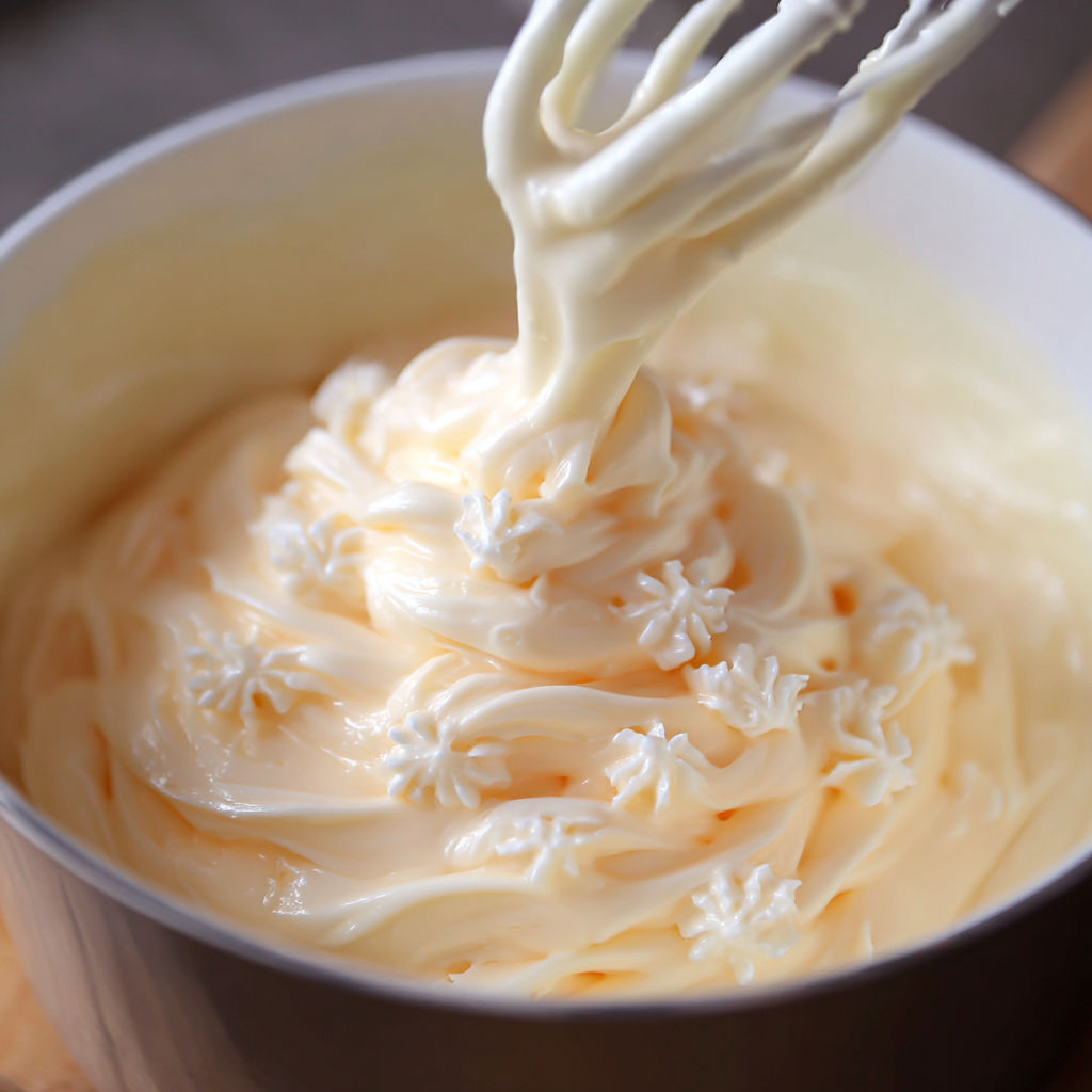 A bowl of cream with a spoon in it.
