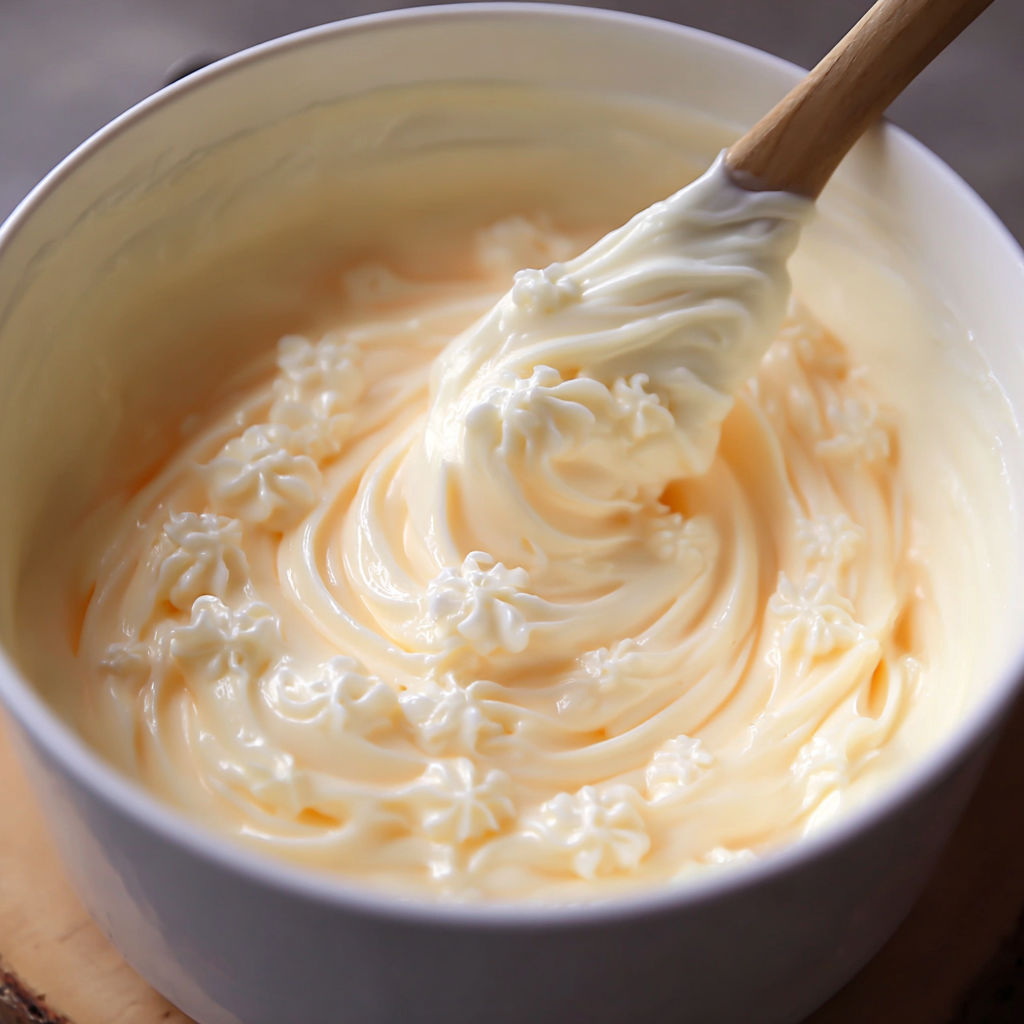 A bowl of cream with a spoon in it.