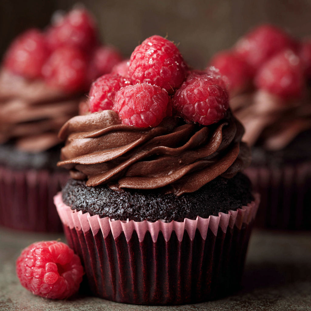 A chocolate cupcake with raspberries on top.