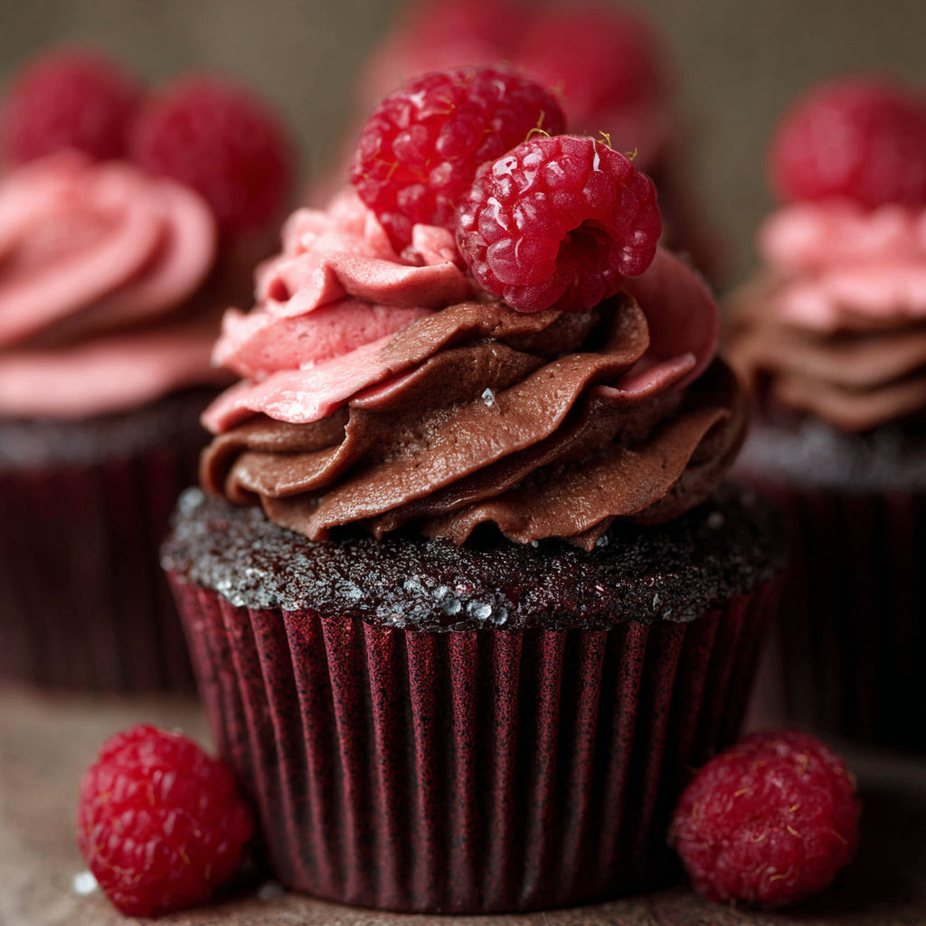 A cupcake with chocolate frosting and raspberries on top.