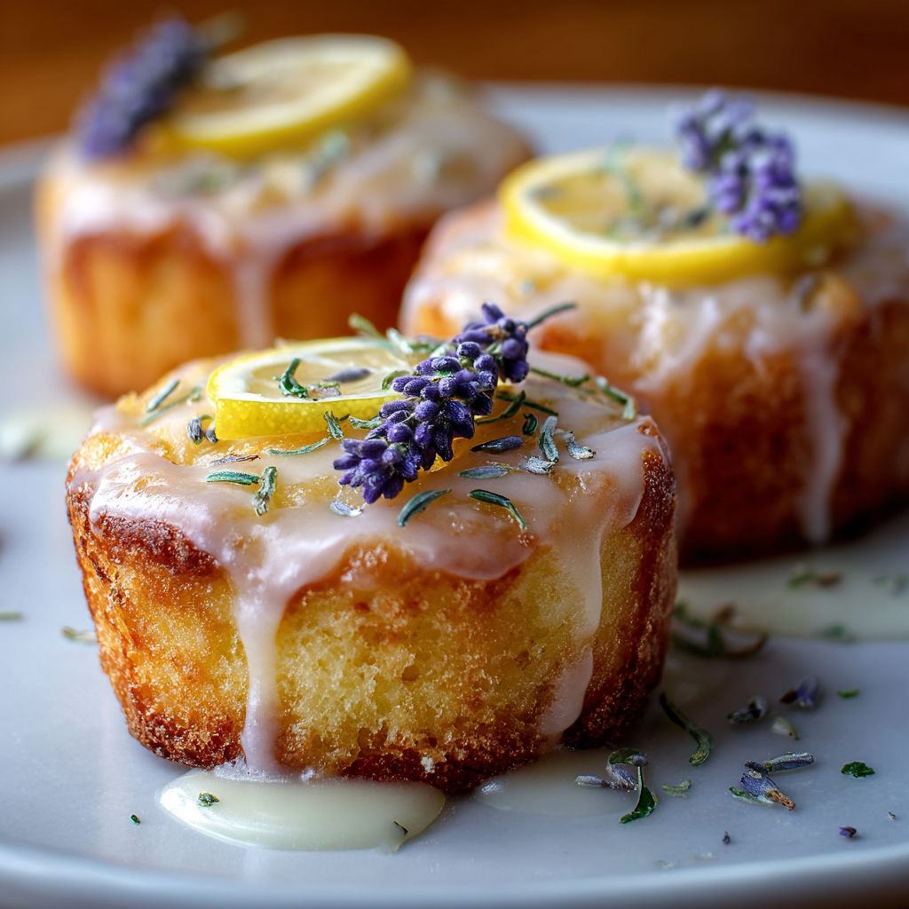 Three mini lemon cakes with lavender glaze.