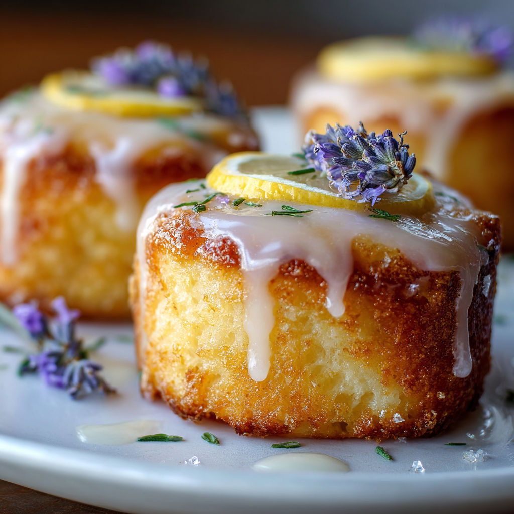 Three mini lemon cakes with lavender glaze.