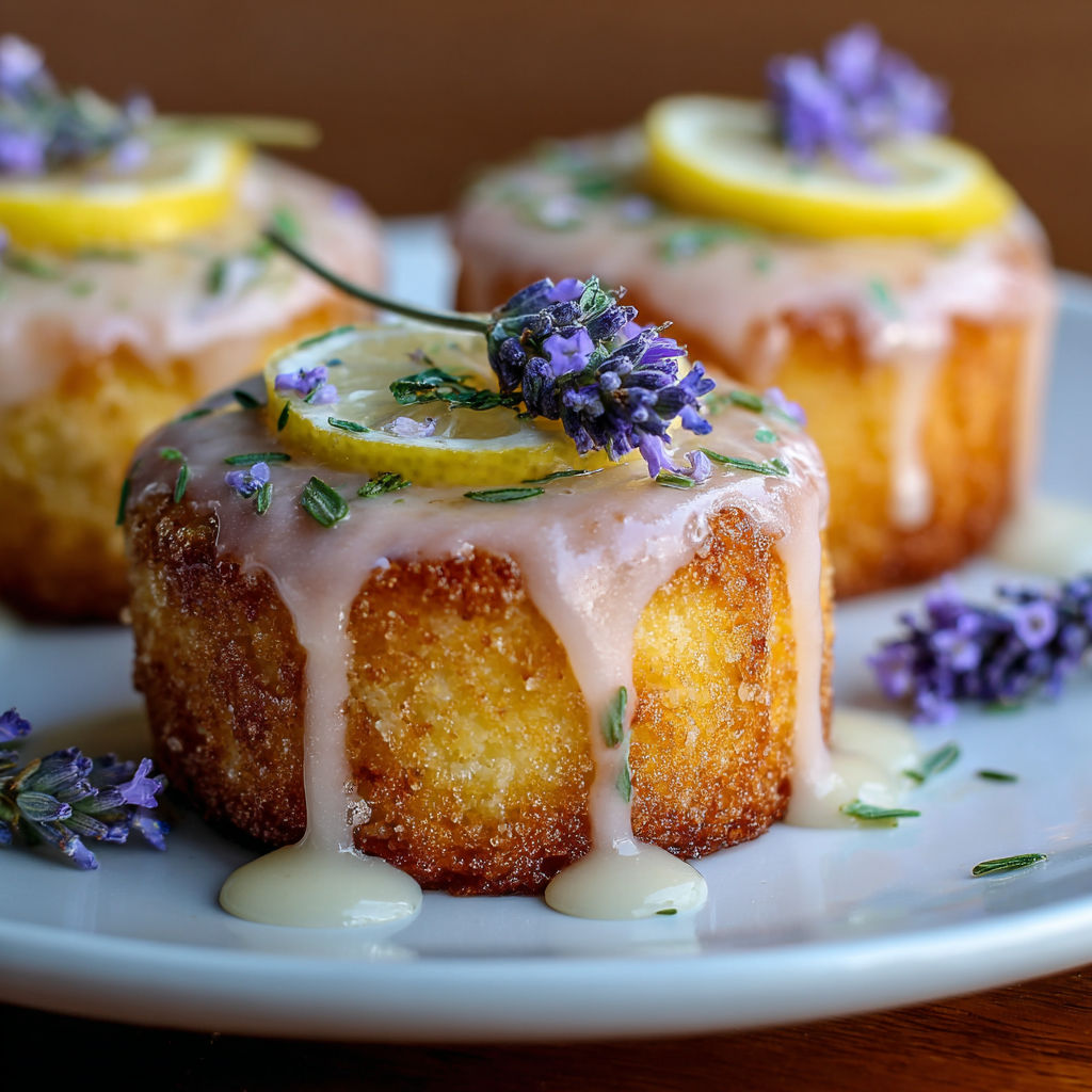 Three mini lemon cakes with lavender glaze.
