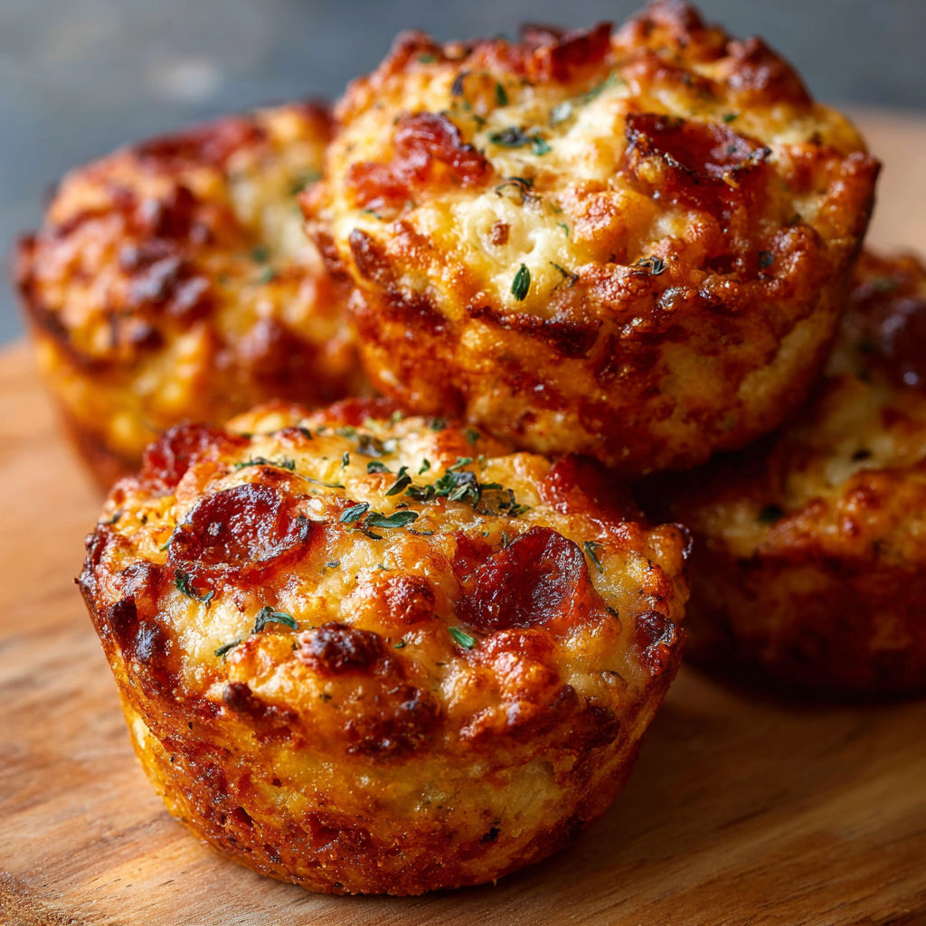 Three muffins with cheese and sausage on a wooden table.