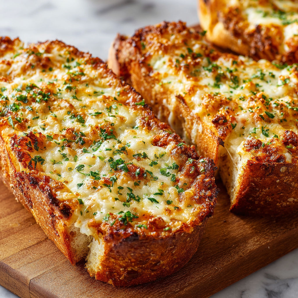 Two slices of garlic bread with cheese on a wooden cutting board.