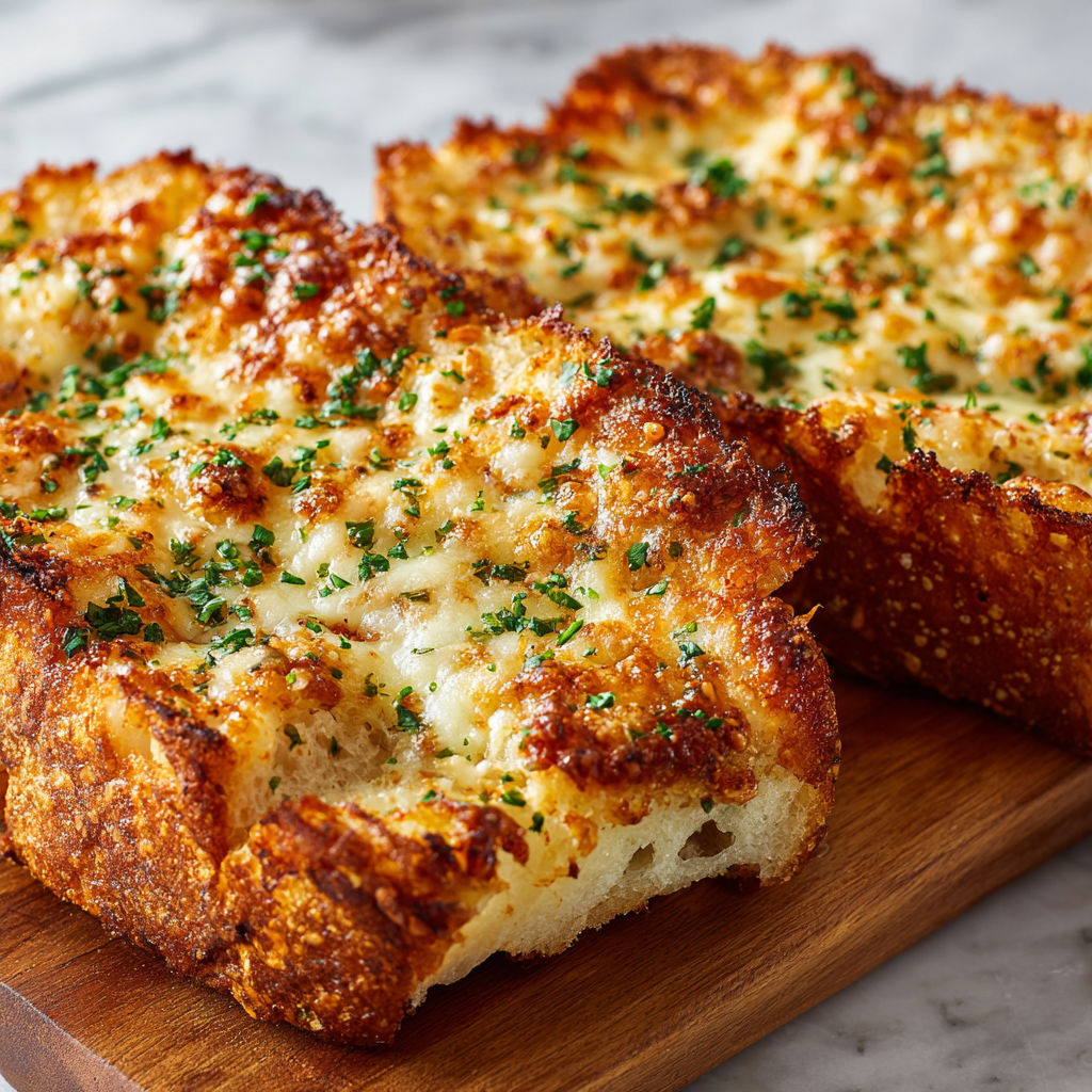 Two pieces of garlic bread with cheese on top.