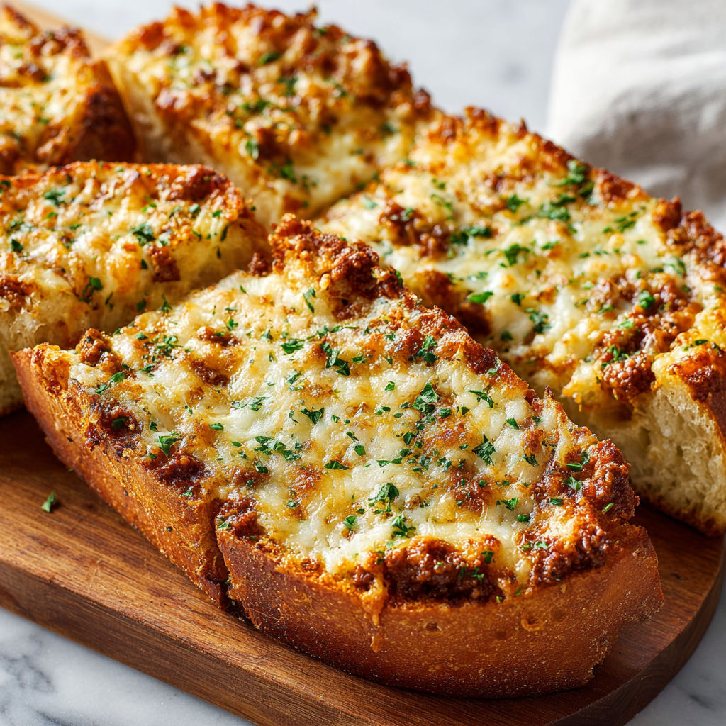 A slice of garlic bread with cheese and herbs.