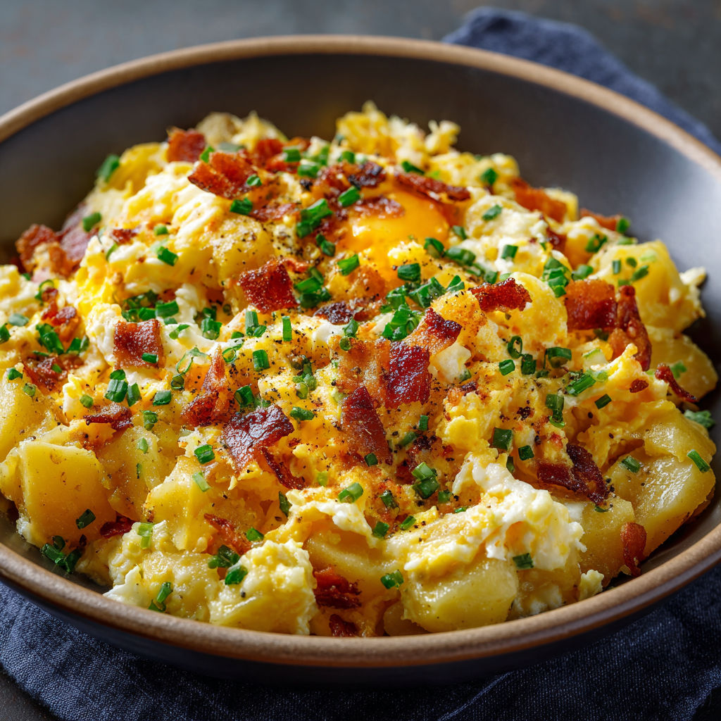 A bowl of food with bacon and eggs.