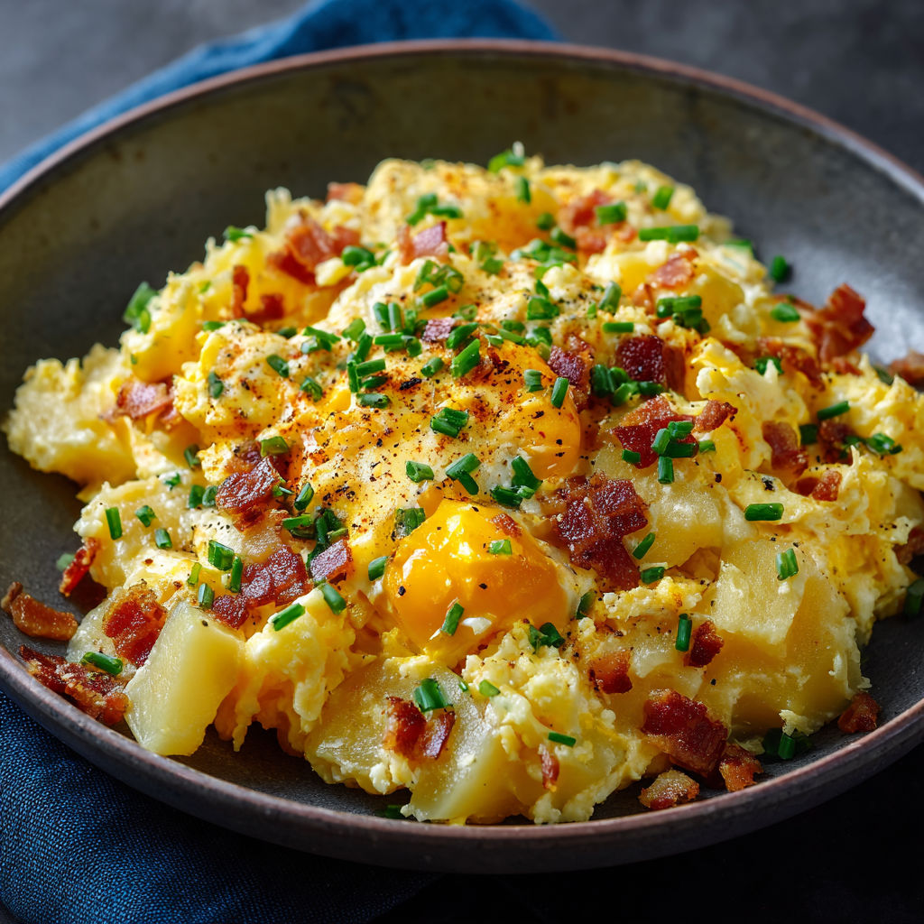 A bowl of food with bacon and eggs.