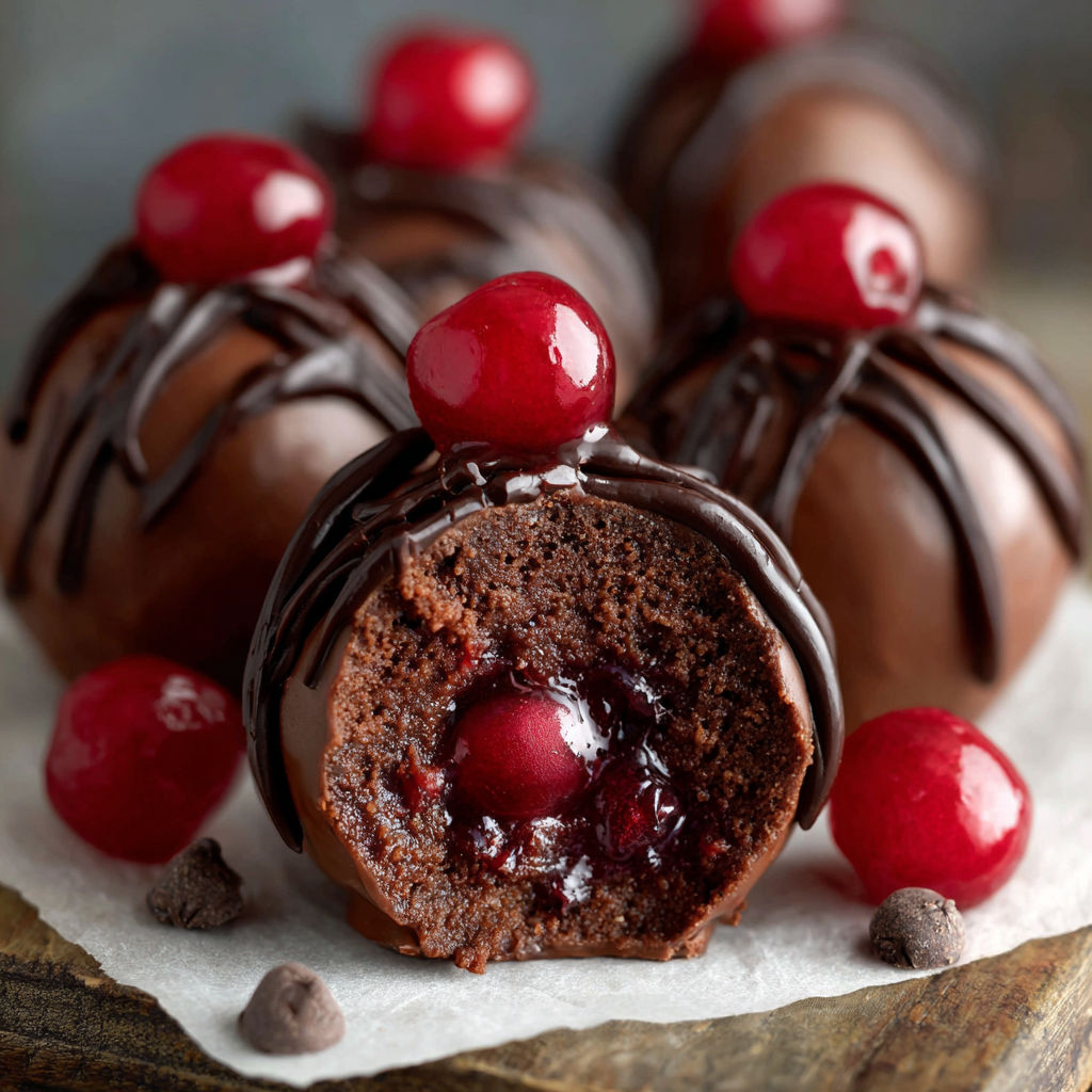 Chocolate cake with chocolate icing and cherries.