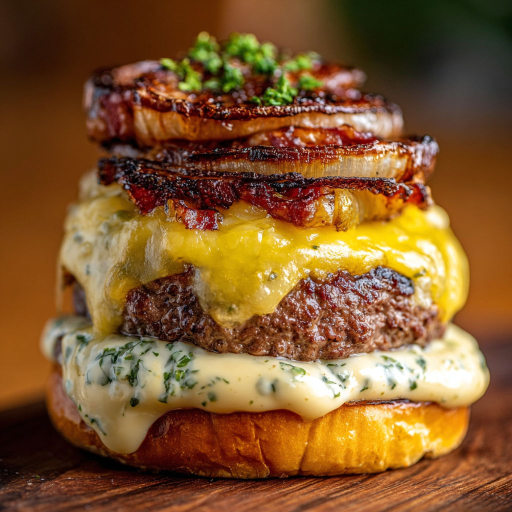 A stack of burgers with onions and cheese.
