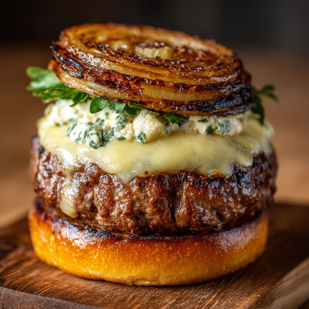 A burger with blue cheese and onions.