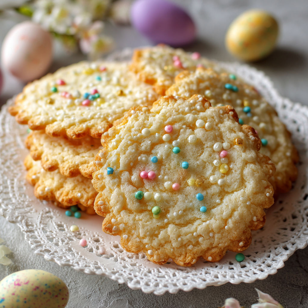 A plate of cookies with sprinkles and a flower on it.