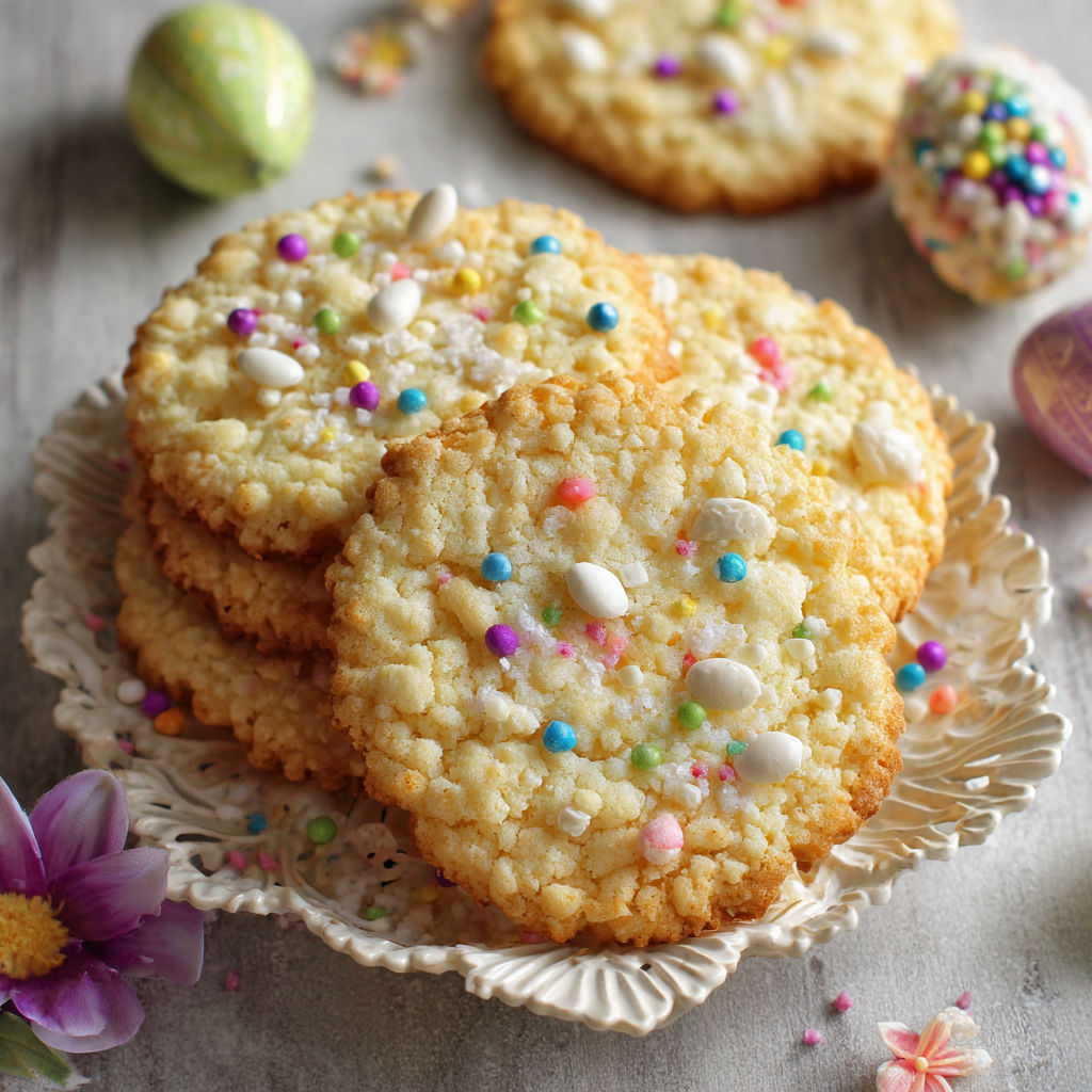 A plate of cookies with sprinkles and a candy egg.