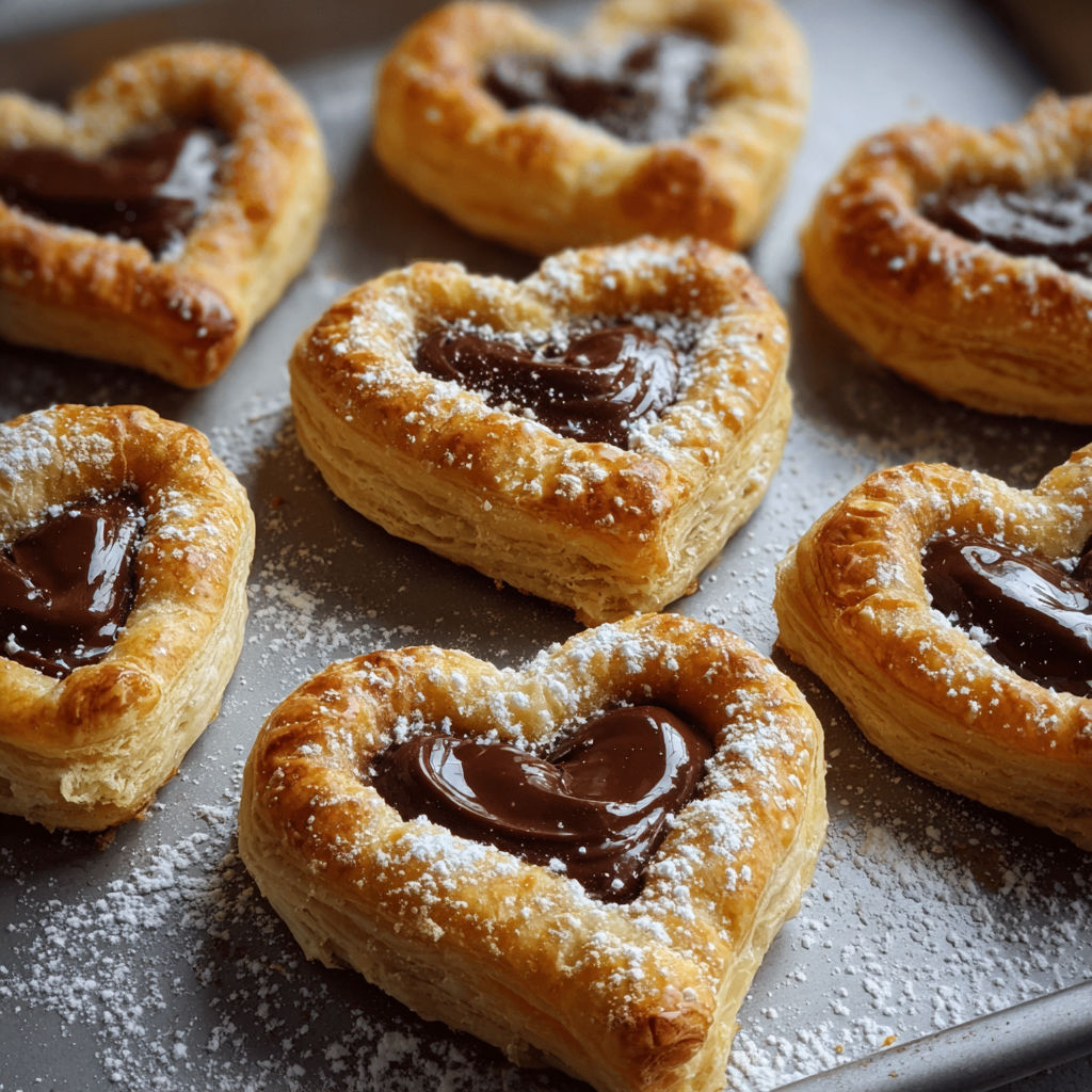 A tray of heart shaped pastries with chocolate drizzled on top.