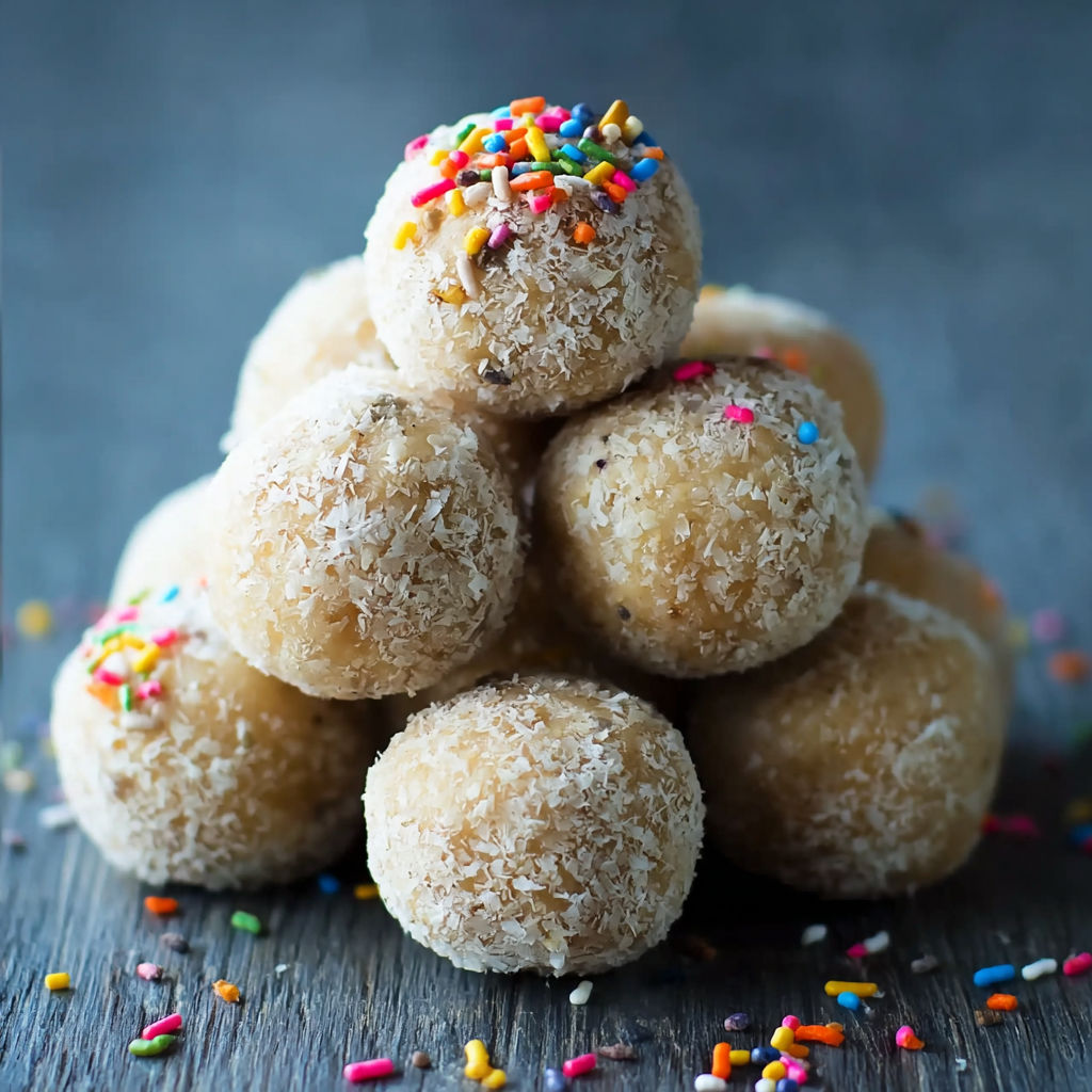 A stack of protein balls with sprinkles on top.