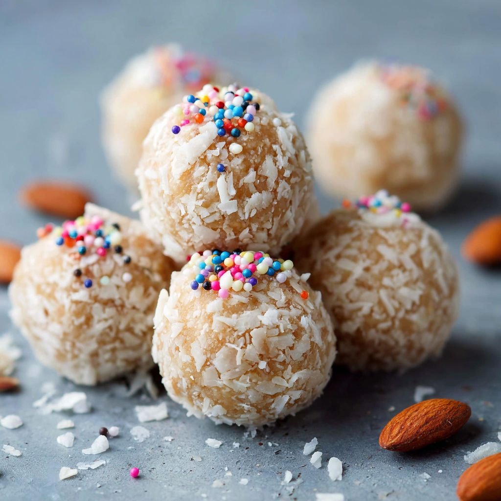 A pile of coconut balls with sprinkles on top.