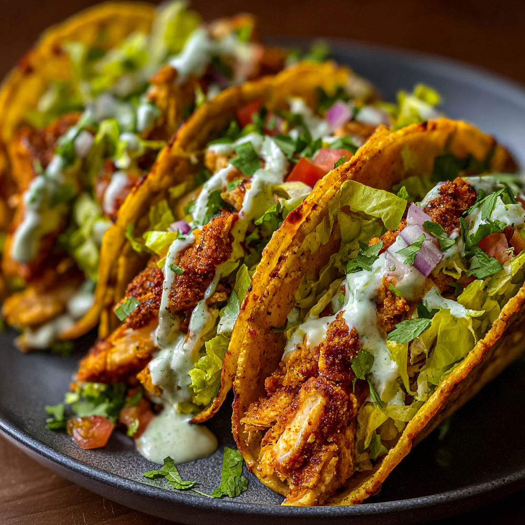 A plate of chicken tacos with lettuce and tomatoes.
