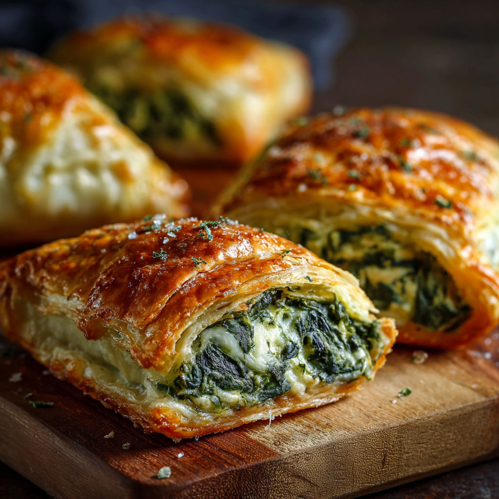 A pastry with spinach and cheese on a wooden table.