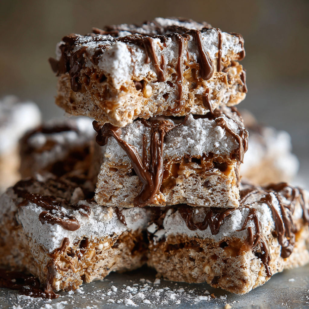 A stack of cake bars with chocolate drizzled on top.