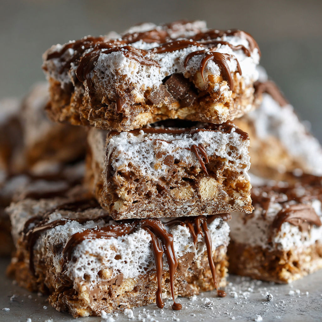 A stack of brownies with white powder on top.