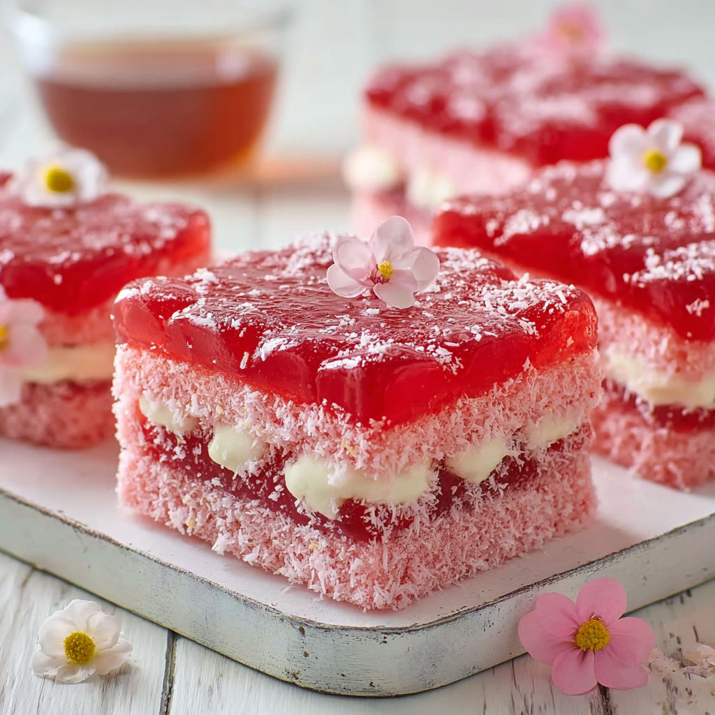 A pink jelly cake with white frosting and flowers on top.