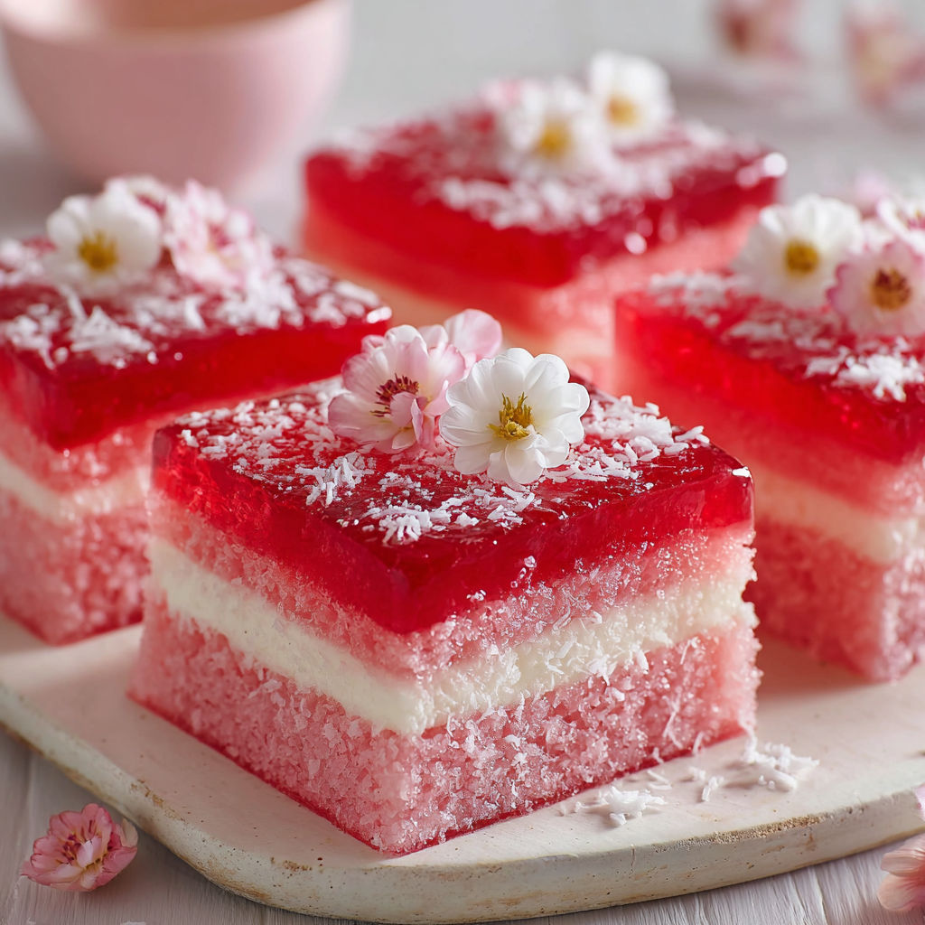 A pink jelly cake with white cream and flowers on top.