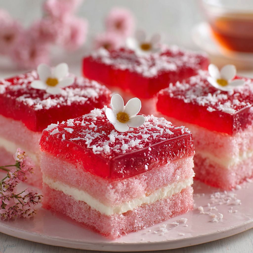 A plate of pink jelly cake with white frosting and flowers on top.