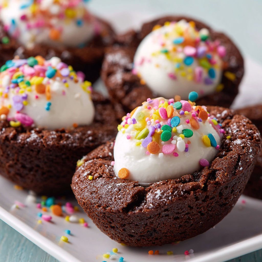 A plate of chocolate cupcakes with white frosting and sprinkles.