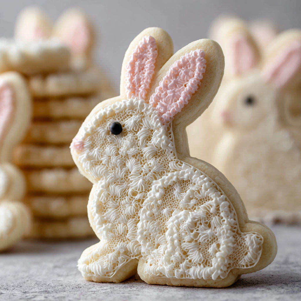 A stack of white cookies with pink ears and a pink nose.