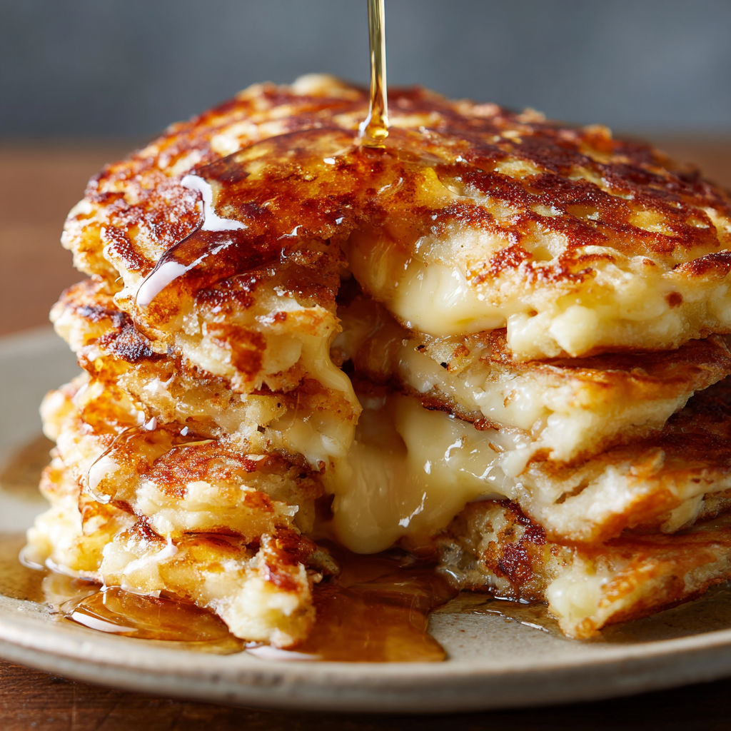 A stack of pancakes with syrup drizzled on top.