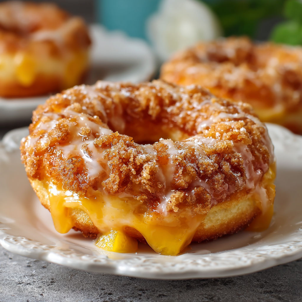 A plate of donuts with a peach cobbler cheesecake topping.