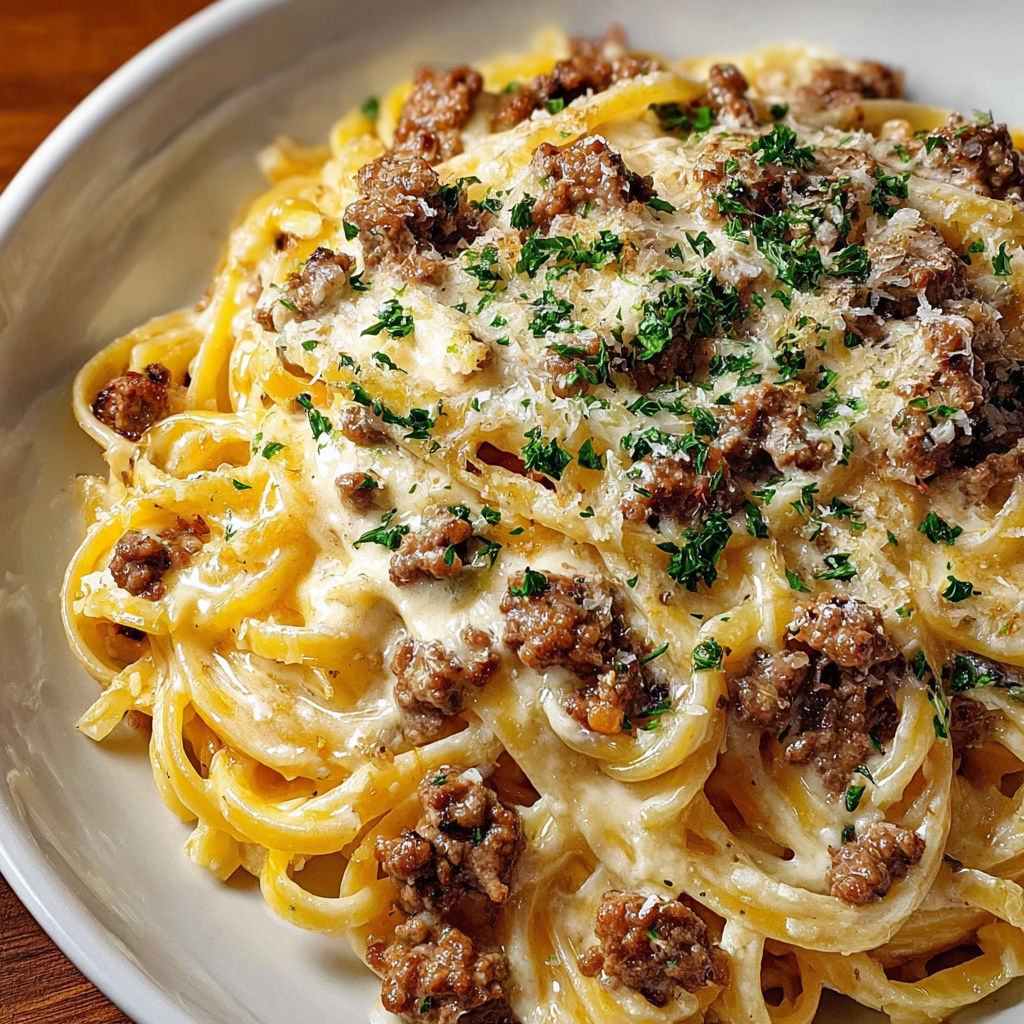 A bowl of creamy beef linguine with cheesy garlic butter alfredo.