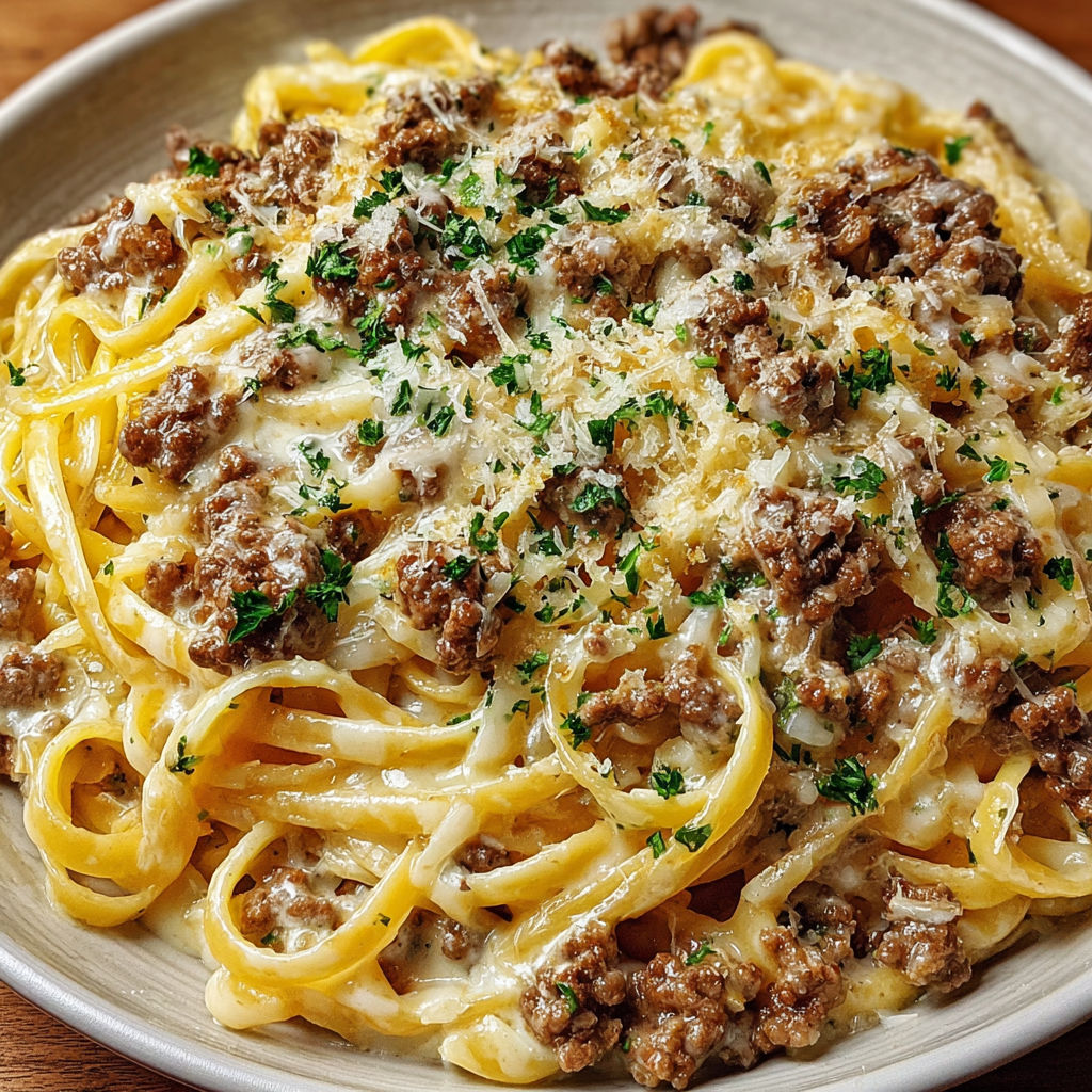 A bowl of pasta with meat and cheese.