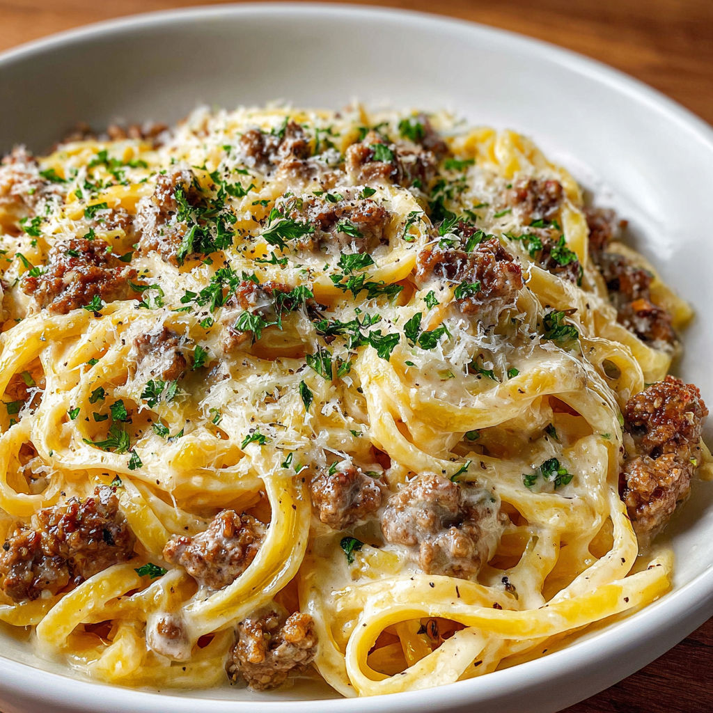 A bowl of pasta with meat and cheese.