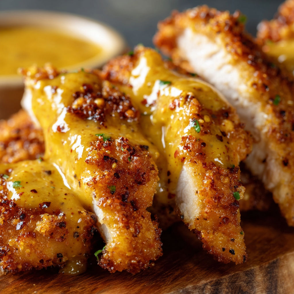 A close up of a piece of chicken with a sauce on it.