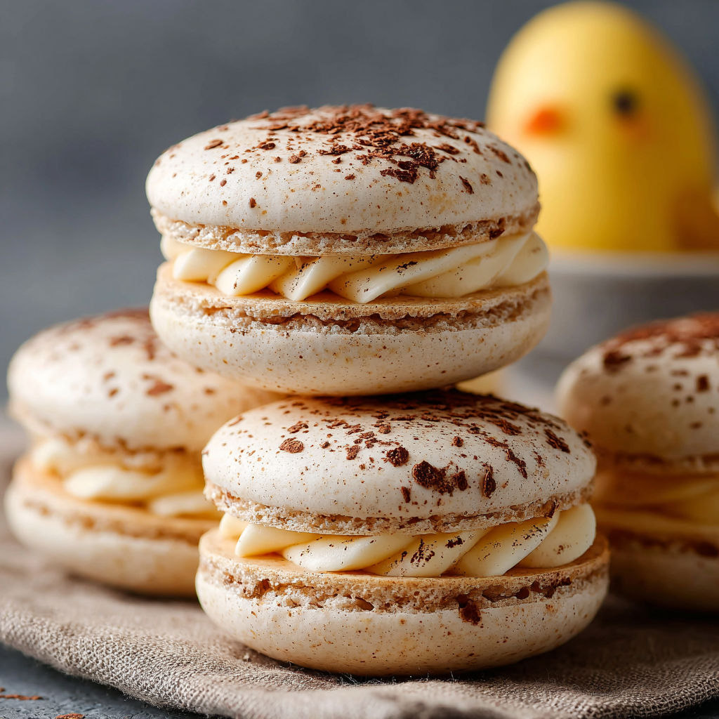 A stack of macaroons with chocolate sprinkles.