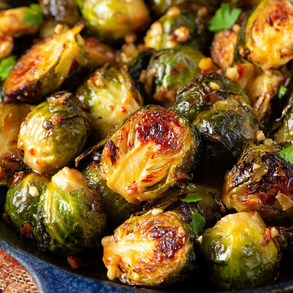 A dish of roasted Brussels sprouts with a sweet chili sauce.