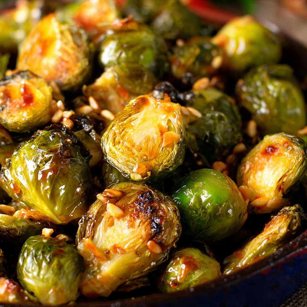 A bowl of roasted Brussels sprouts with a sweet chili sauce.