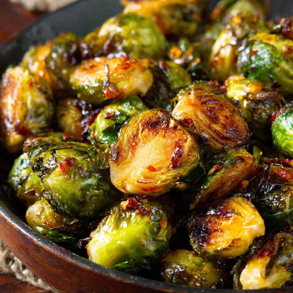 A bowl of roasted Brussels sprouts with a sweet chili sauce.