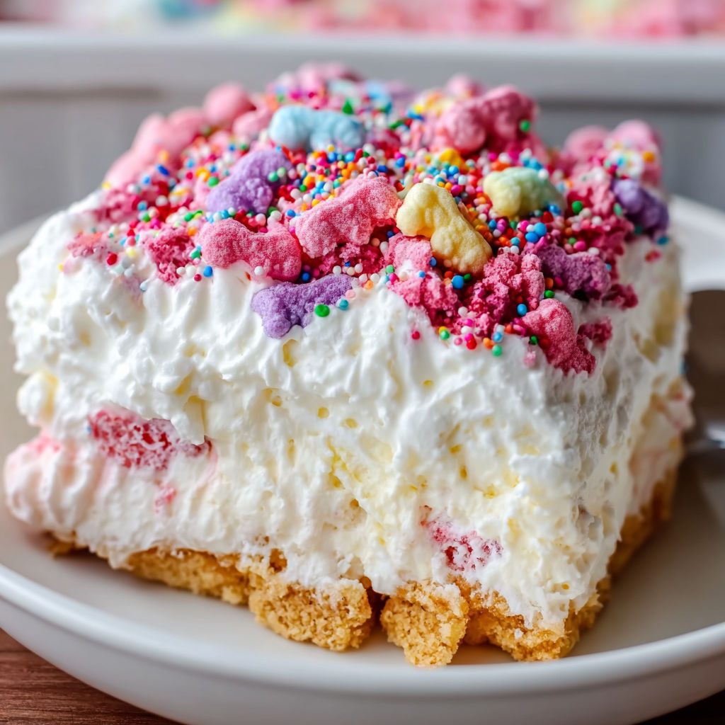 A Circus Animal Cookie Lush is on a plate.