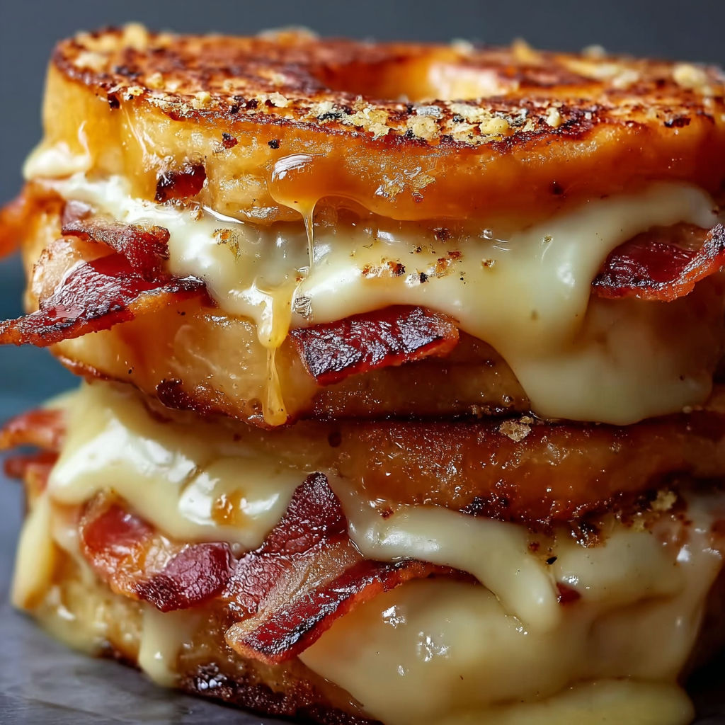 A stack of grilled cheese sandwiches with bacon and maple.